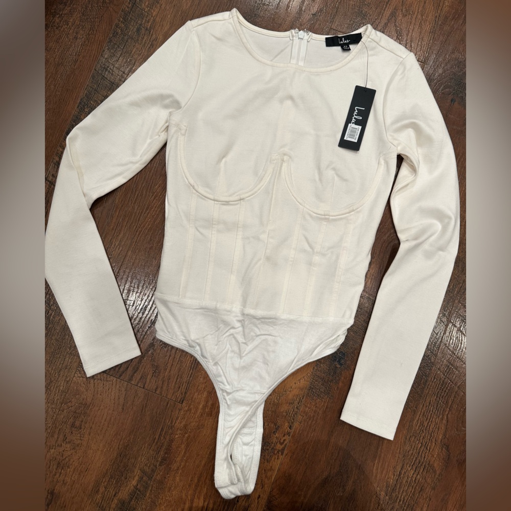 Lulus Cream Long Sleeve Corset Bodysuit